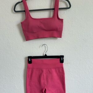 Pink Ribbed Crop Top and Leggings Set